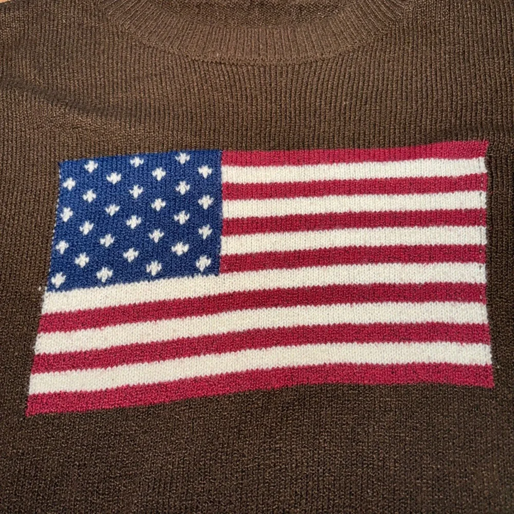 American Flag Knit Sweater Brown Crewneck Long Sleeve Americana Womens L cozy
